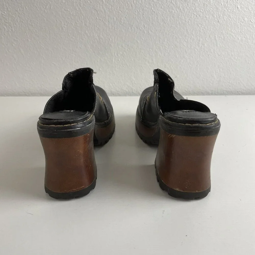 90s Y2K Vintage Soda Black Faux Leather Wooden Block Heel Platform Clogs Women 7 - Picture 4 of 12